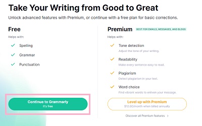 「Free」の「Continue to Grammarly」ボタンをクリック