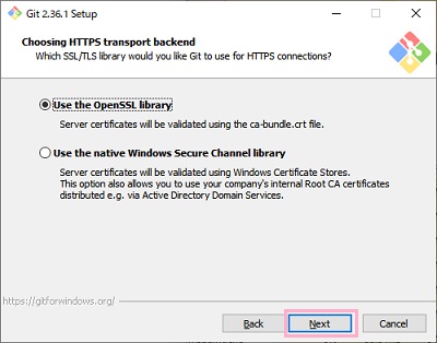 「Use the OpenSSL library」を選択し「Next」をクリック