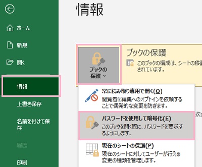 「情報」→「ブックの保護」→「パスワードを使用して暗号化」をクリック