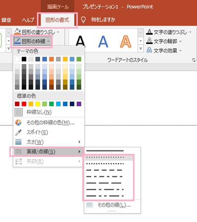 「図形の書式」→「図形の枠線」→「実線/点線」のサブメニューから点線を選択