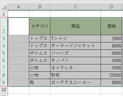 コピーする表の「行番号」を範囲選択して「Ctrlキー+Cキー」