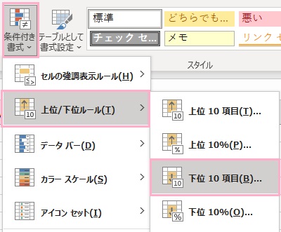 「条件付き書式」メニューを開き「上位/下位ルール」→「下位10項目」をクリック