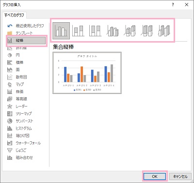 「縦棒」をクリック→グラフメニューから使用する棒グラフを選択して「OK」をクリック