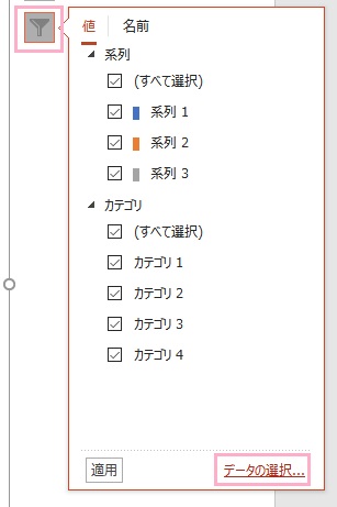 フィルターボタン→「データの選択」の順にクリック