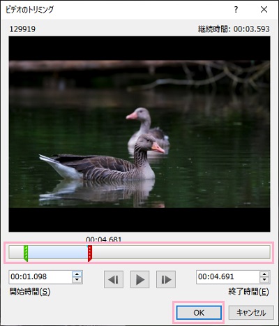 再生バーから開始位置と終了位置を指定して「OK」をクリック