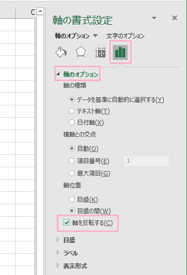「軸のオプション」を展開し「軸を反転する」のチェックボックスを有効にする