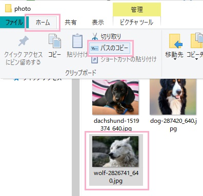 「ホーム」→「クリップボード」項目から「パスのコピー」をクリック