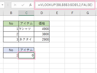 「=VLOOKUP(B8,$B$3:$D$5,2,FALSE)」と入力すると「0」が表示される