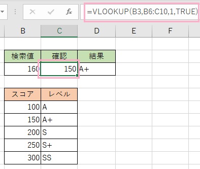 C3セルに「=VLOOKUP(B3,B6:C10,1,TRUE)」と入力すると近似値の「150」が表示された
