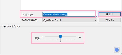「ファイル名」を入力→「品質」のスライドバーで音質を設定して「保存」をクリック