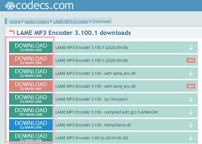 Lame MP3 Encorderのいずれかをクリックしてダウンロード