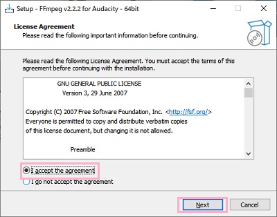 「I accept the agreement」を選択して「Next」をクリック