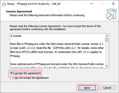 「I accept the agreement」を選択して「Next」をクリック