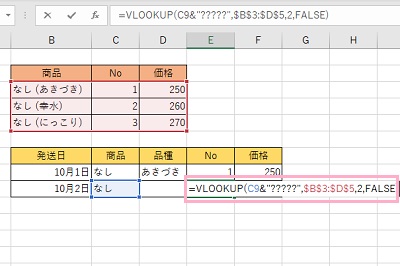 E9セルに「=VLOOKUP(C9&"?????",$B$3:$D$5,2,FALSE)」と入力