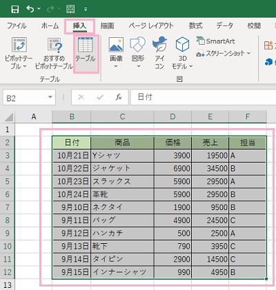 可変にしたいデータ範囲を選択→「挿入」タブ→「テーブル」をクリック