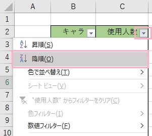 「使用人数」のフィルターボタンをクリック→「降順」をクリック