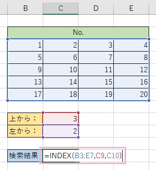 C12セルに「=INDEX(B3:E7,C9,C10)」と入力