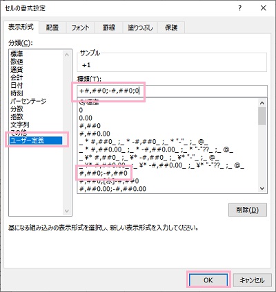 「ユーザー定義」→「#,##0;-#,##0」を「+#,##0;-#,##0;0」にし「OK」をクリック