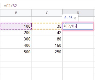 D2セルに「=C2/B2」と入力