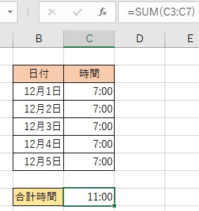 合計時間が「11:00」と表示されている