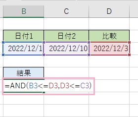 B6セルに「=AND(B3<=D3,D3<=C3」と入力