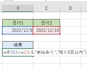 B6セルに「=IF(B3<=C3-5,"余裕あり","残り5日以内"」と入力