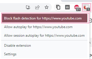 拡張機能トレイのAutoplayStopperアイコンをクリック→「Block flash detection for～」をクリックして選択