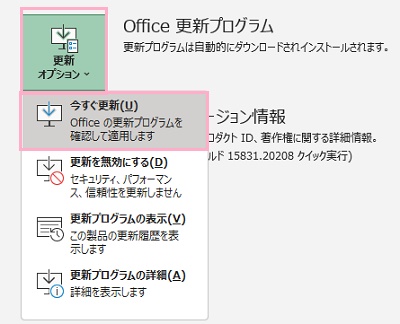 「更新オプション」ボタン→「今すぐ更新」をクリック