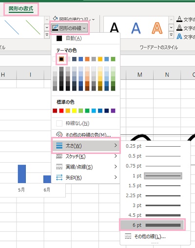「図形の書式」タブ→「図形の枠線」→「テーマの色」を黒色・「太さ」を6ptに設定