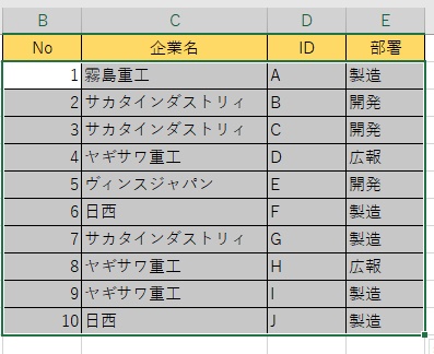 表のヘッダーを除いた範囲をドラッグ操作で指定