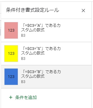3つの条件付き書式設定ルールが作成された
