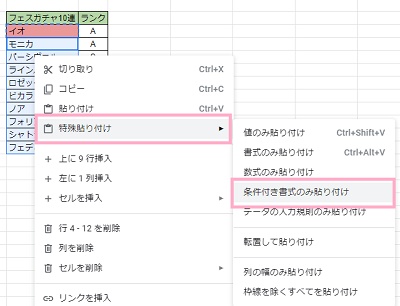 残りのセルを範囲選択→右クリックメニューを開き「特殊貼付け」→「条件付き書式のみ貼り付け」をクリック