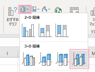 「縦棒/横棒グラフの挿入」→「3-D縦棒」の使用したいグラフをクリック