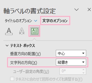 「文字のオプション」→「テキストボックス」ボタン→「文字列の方向」プルダウンメニューから「縦書き」を選択