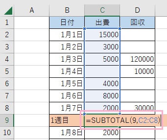 C9セルに「=SUBTOTAL(9,C2:C16)」と入力