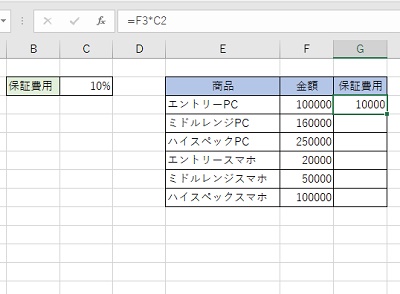G3セルに「=F3*C2」と入力されている