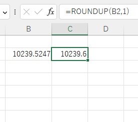 「=ROUNDUP(B2,1)」と入力すると繰り上げできない