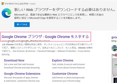 「Google Chrome ブラウザ - Google Chrome を入手する」リンクをクリック