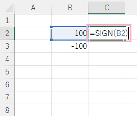C2セルに「=SIGN(B2)」と入力