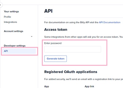 「API」→「Enter password」欄にパスワードを入力して「Generate token」ボタンをクリック