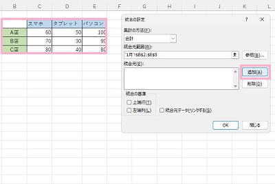 まとめる表のデータ範囲を選択→統合の設定ダイアログボックスの「追加」ボタンをクリック