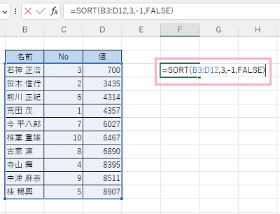 F3セルに「=SORT(B3:D12,3,-1,FALSE)」と入力