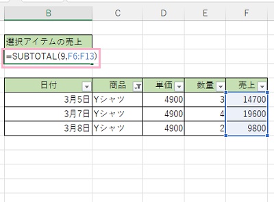 B3セルに「=SUBTOTAL(9,F6:F13)」と入力