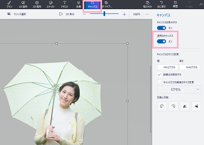 「キャンパス」をクリック→「透明なキャンパス」のボタンをクリックして有効にする