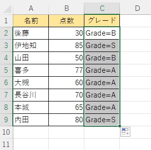 C2セルを選択しフィルハンドルを下方向にドラッグ