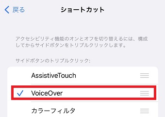 「VoiceOver」をタップしてチェックを外す