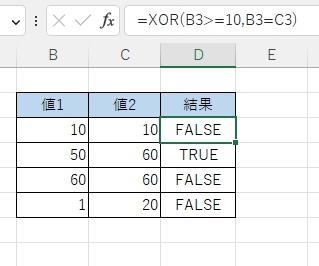 D3セルに「=XOR(B3>=10,B3=C3)」と入力