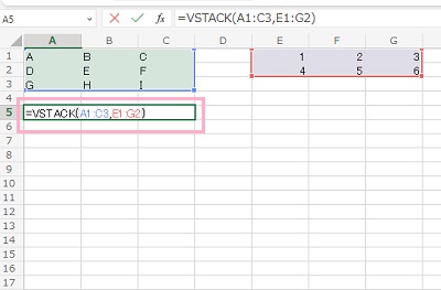 A5セルに「=VSTACK(A1:C3,E1:G2)」と入力