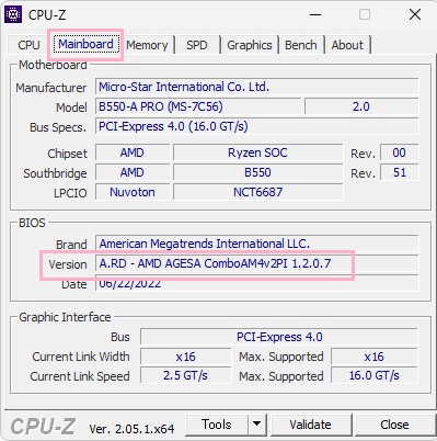 「Version」からBIOSのバージョンを確認できる