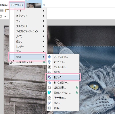 「エフェクト」タブ→「歪み」→「モザイク」をクリック